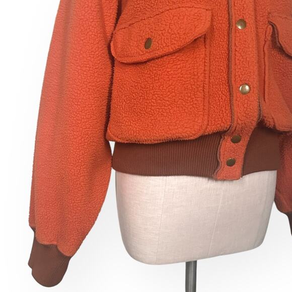 FREE PEOPLE Shasta Cardi Sherpa Bomber Jacket Snap Closure Orange Relaxed L - Picture 5 of 14